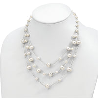 Sterling Silver Rh-p 7-11mm White FWC Pearl Multi-strand w/ 2in ext Necklac