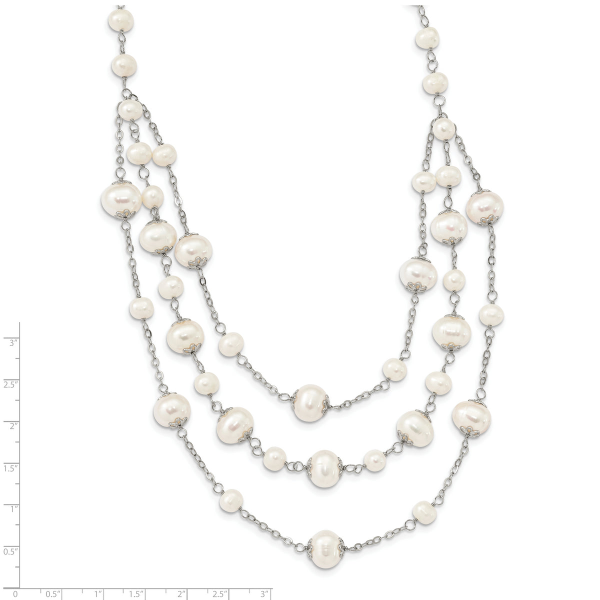 Sterling Silver Rh-p 7-11mm White FWC Pearl Multi-strand w/ 2in ext Necklac