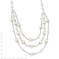 Sterling Silver Rh-p 7-11mm White FWC Pearl Multi-strand w/ 2in ext Necklac