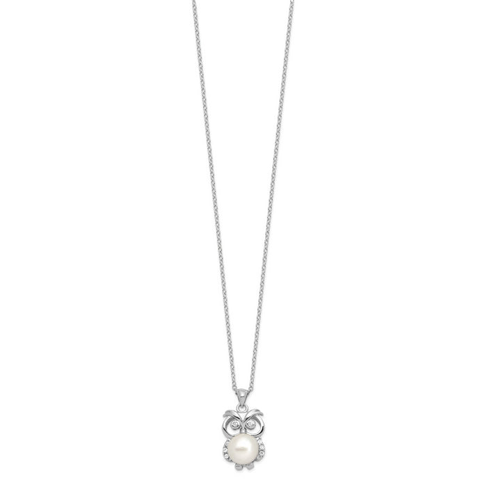 Sterling Silver Rhodium-plated CZ 8-9mm White Button FWC Pearl Owl Necklace