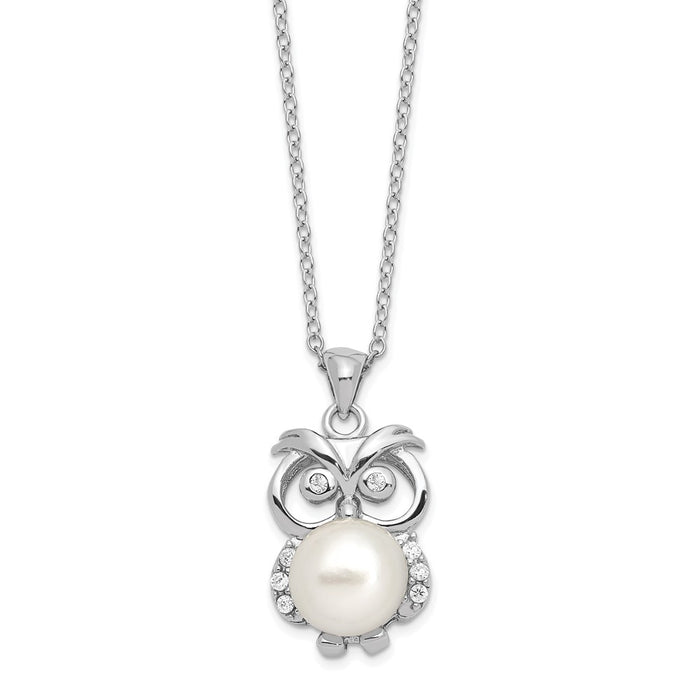 Sterling Silver Rhodium-plated CZ 8-9mm White Button FWC Pearl Owl Necklace