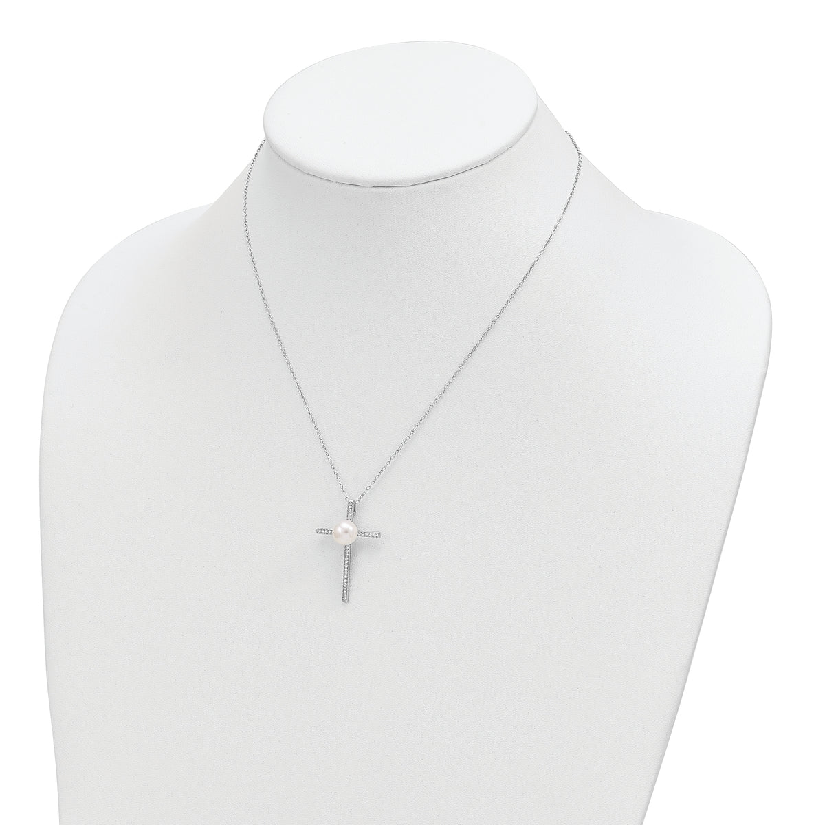 Sterling Silver Rhodium-plated 8-9mm Button FWC Pearl CZ Cross Necklace