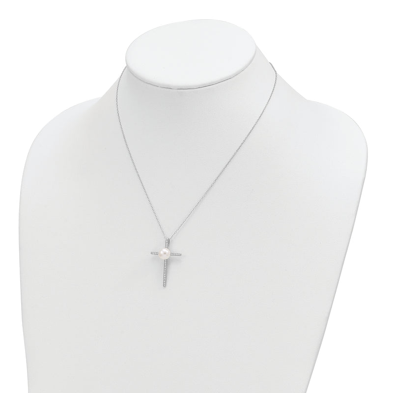 Sterling Silver Rhodium-plated 8-9mm Button FWC Pearl CZ Cross Necklace