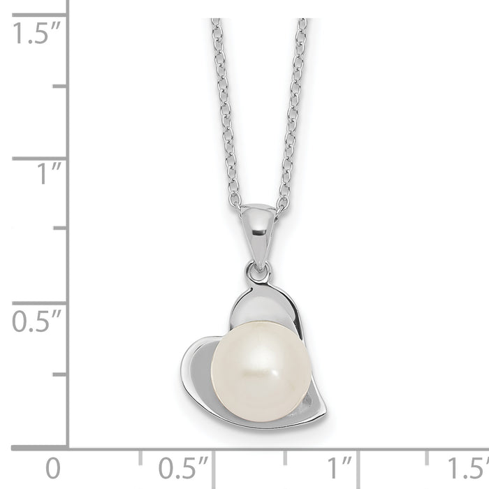 Sterling Silver Rhodium-plated 8-9mm White Button FWC Pearl Heart Necklace