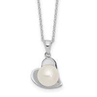 Sterling Silver Rhodium-plated 8-9mm White Button FWC Pearl Heart Necklace