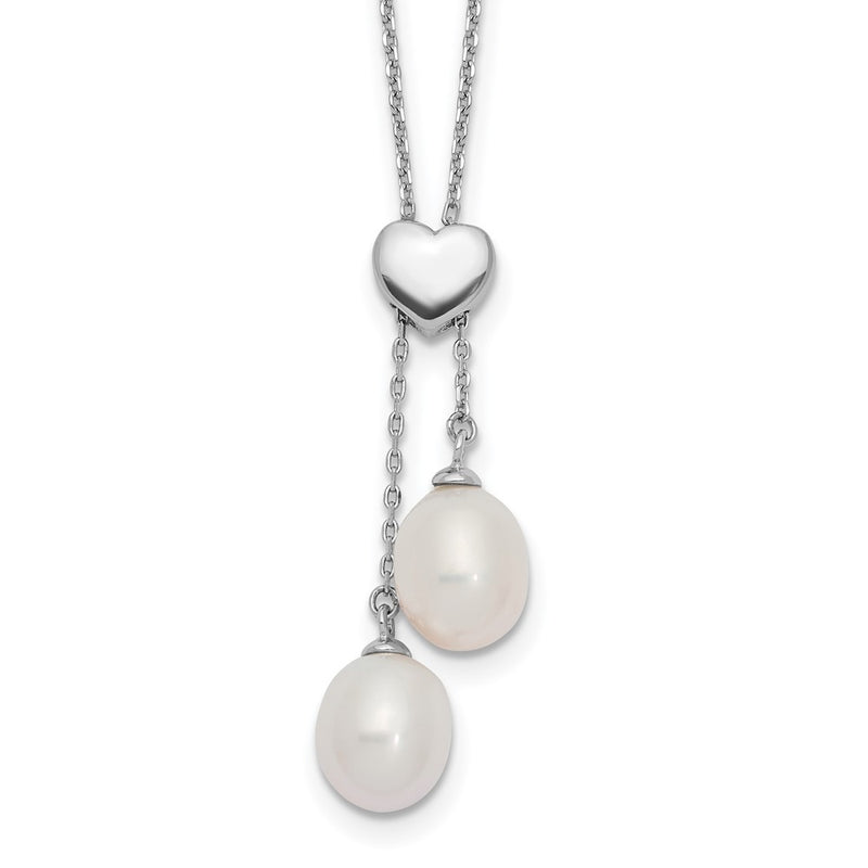 Sterling Silver Rhod-plated Heart White FWC Pearl Adj Necklace