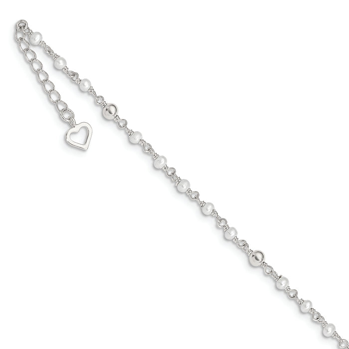 Sterling Silver Polished 9in Plus 1in ext FWC Pearl and Heart Anklet