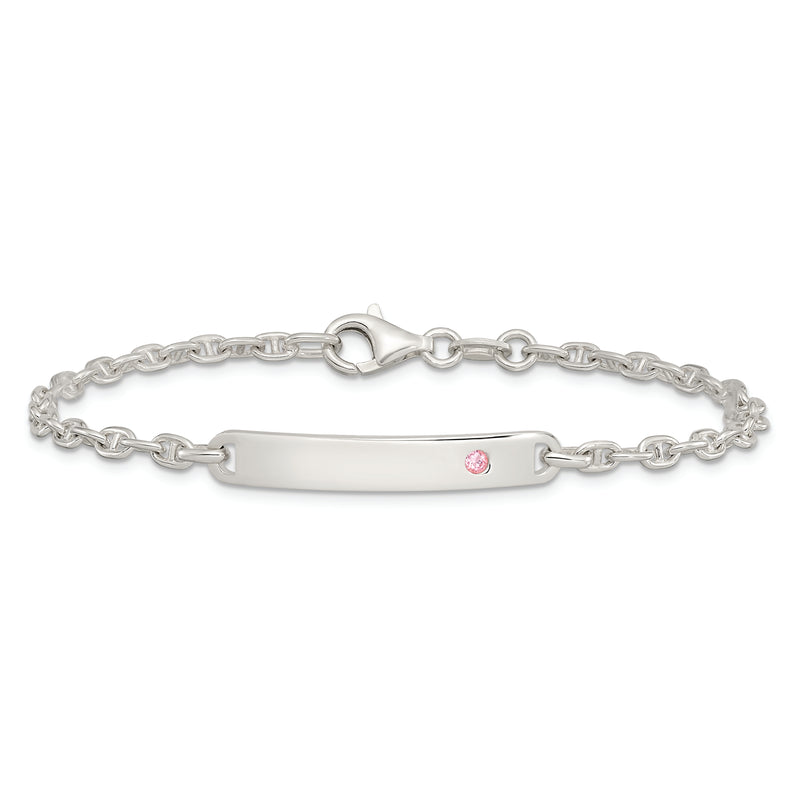 Sterling Silver Polished ID with Pink CZ Bracelet