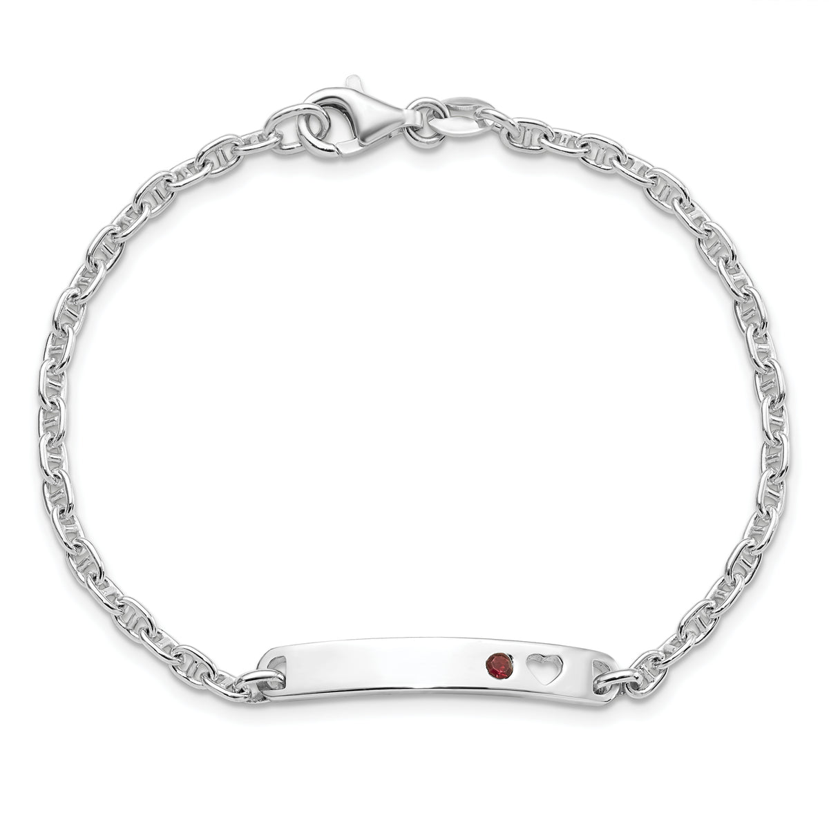 Sterling Silver Polished ID with Red CZ Heart Bracelet