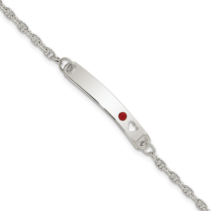 Sterling Silver Polished Childrens ID with Red CZ Heart Bracelet