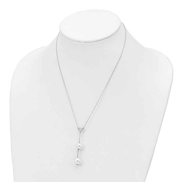 Sterling Silver Majestik Rh-pl 10-11mm Wht Imit. Shell Pearl CZ Y-Drop Neck