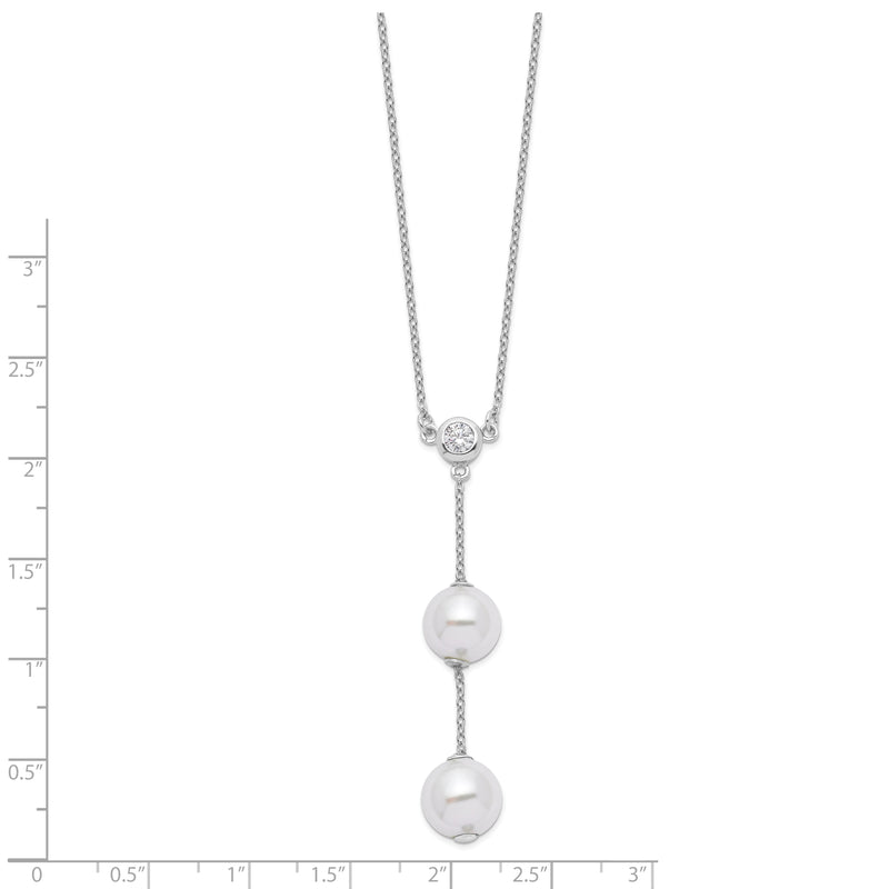 Sterling Silver Majestik Rh-pl 10-11mm Wht Imit. Shell Pearl CZ Y-Drop Neck