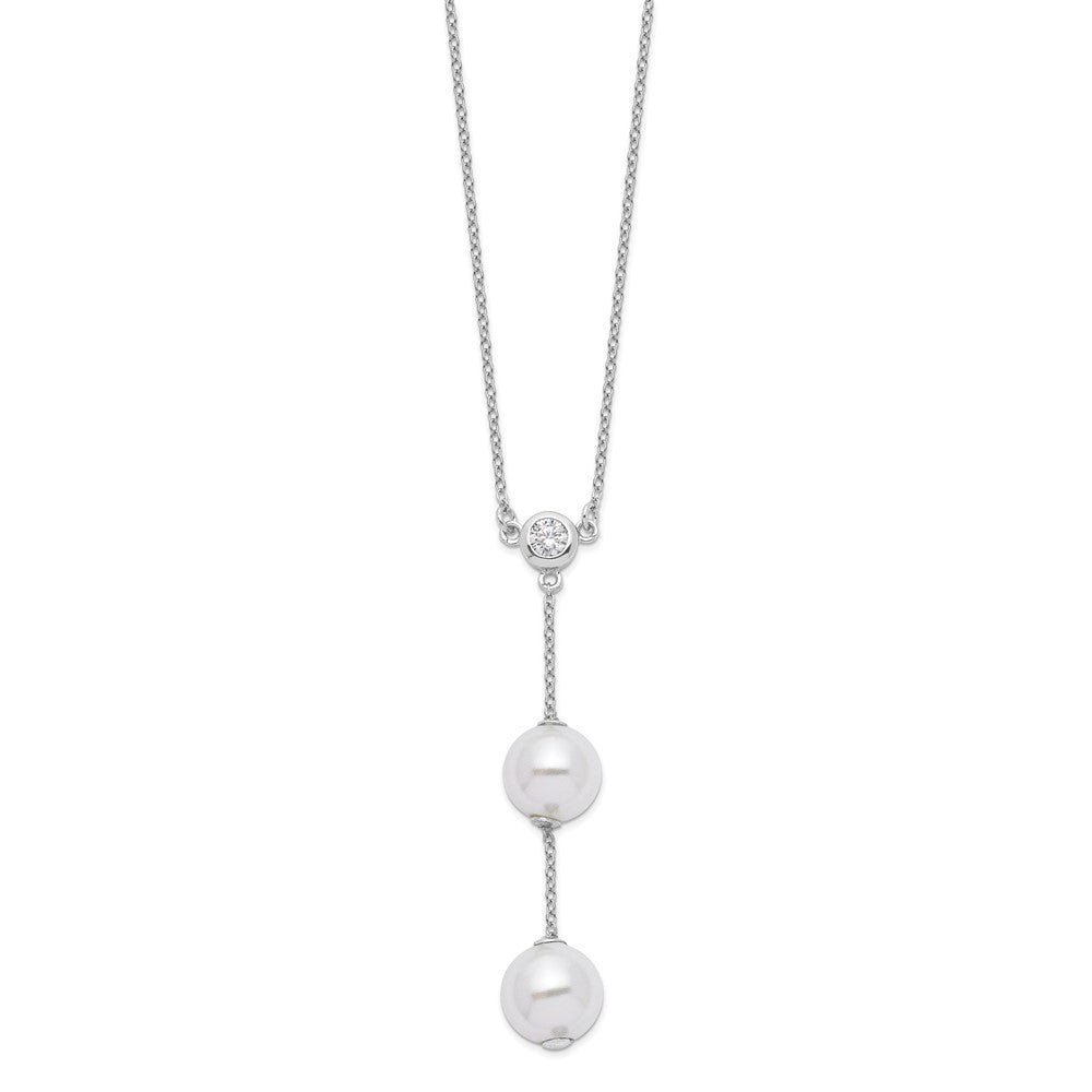 Sterling Silver Majestik Rh-pl 10-11mm Wht Imit. Shell Pearl CZ Y-Drop Neck