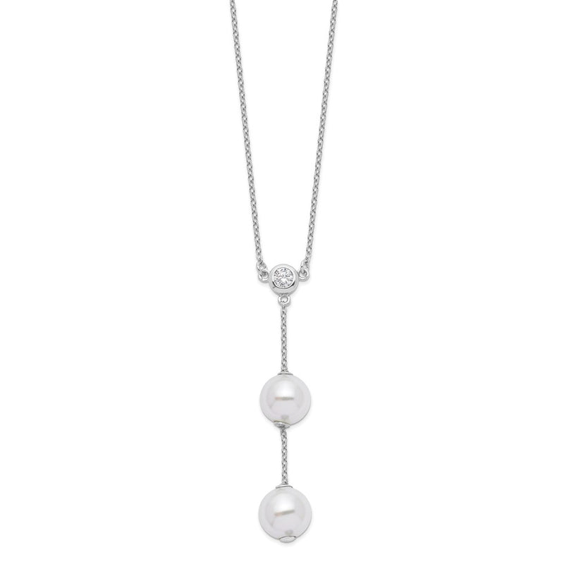 Sterling Silver Majestik Rh-pl 10-11mm Wht Imit. Shell Pearl CZ Y-Drop Neck