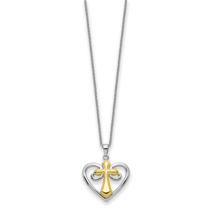 Sterling Silver Rhodium Gold-Tone Cross Heart of Jesus 18in Necklace