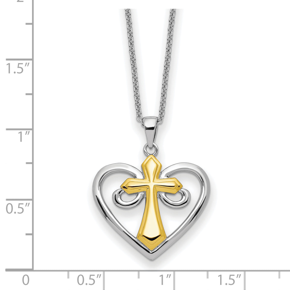 Sterling Silver Rhodium Gold-Tone Cross Heart of Jesus 18in Necklace