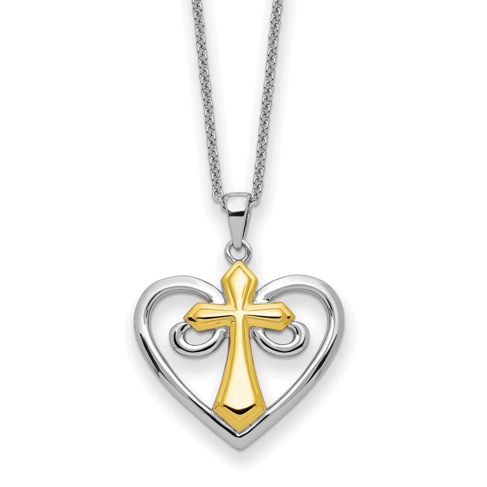 Sterling Silver Rhodium Gold-Tone Cross Heart of Jesus 18in Necklace