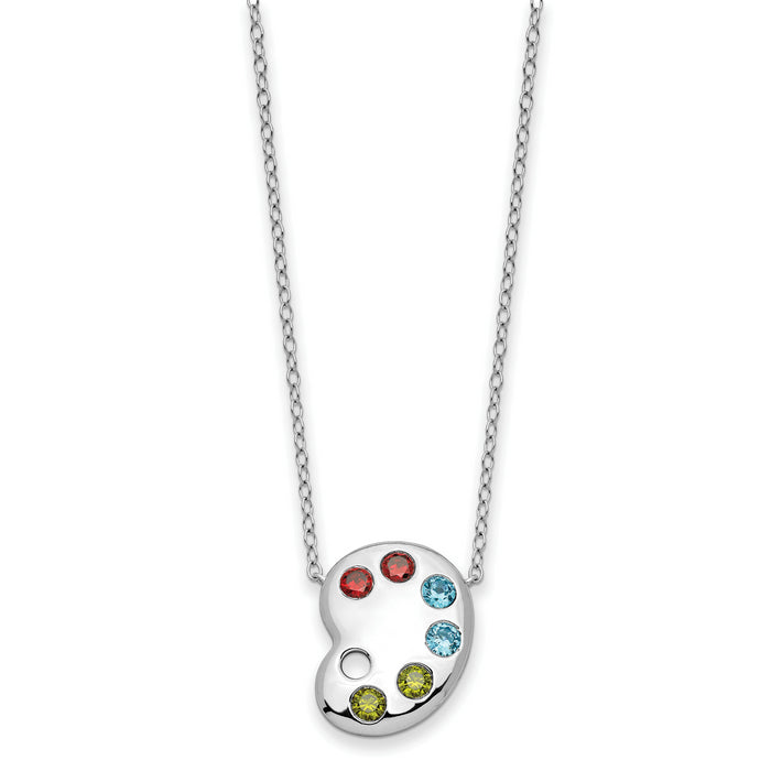 Sterling Silver RH-plated Multi-color CZ Color Happy Pallet 18in Necklace