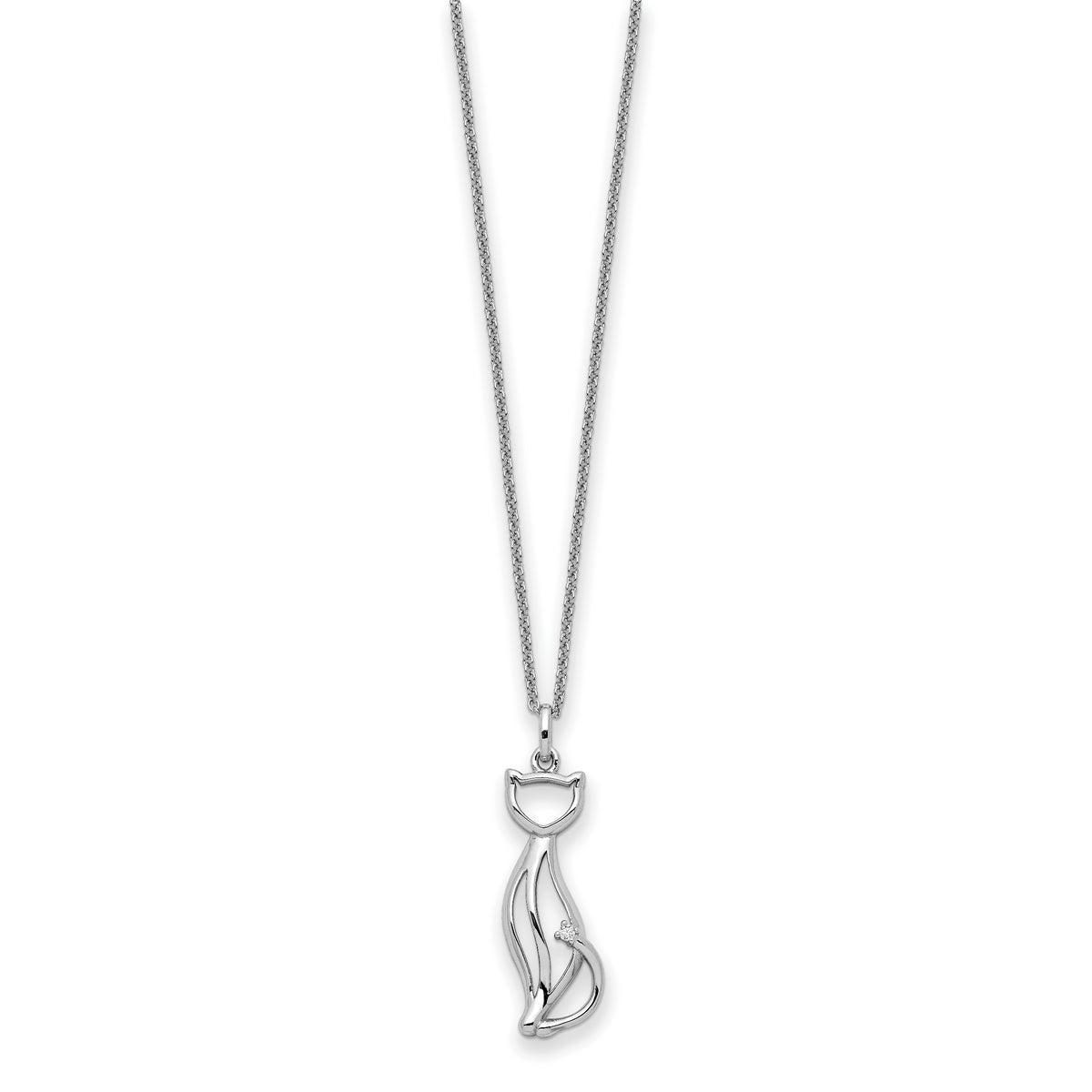 Sterling Silver Rhodium-plated CZ Purrfect Love Cat 18in Necklace