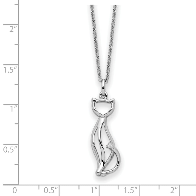 Sterling Silver Rhodium-plated CZ Purrfect Love Cat 18in Necklace