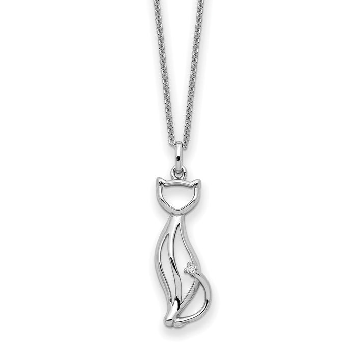 Sterling Silver Rhodium-plated CZ Purrfect Love Cat 18in Necklace