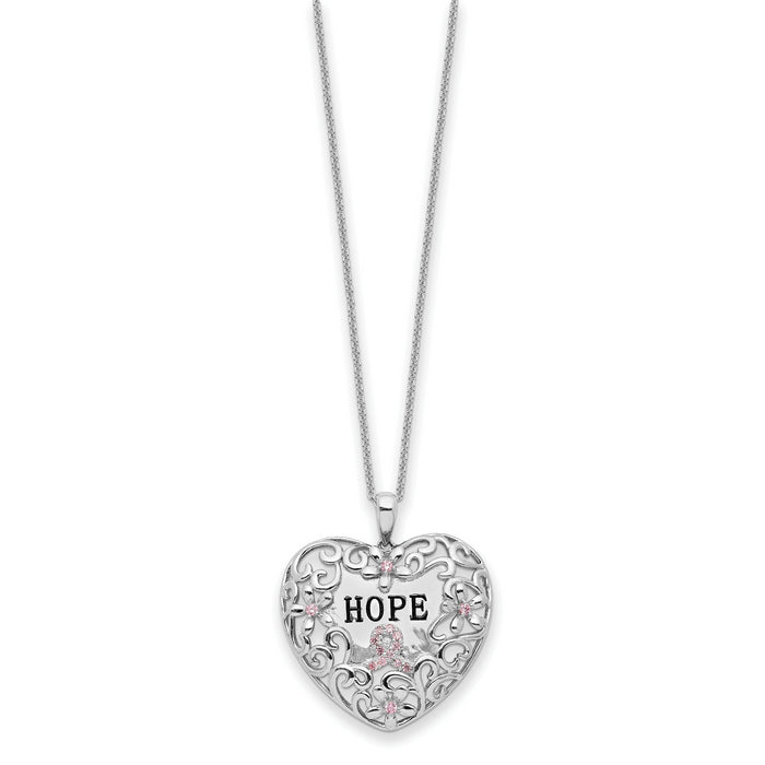 Sterling Silver Rhodium-plated Pink CZ Breast Cancer Heart 18in Necklace