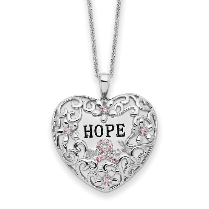 Sterling Silver Rhodium-plated Pink CZ Breast Cancer Heart 18in Necklace