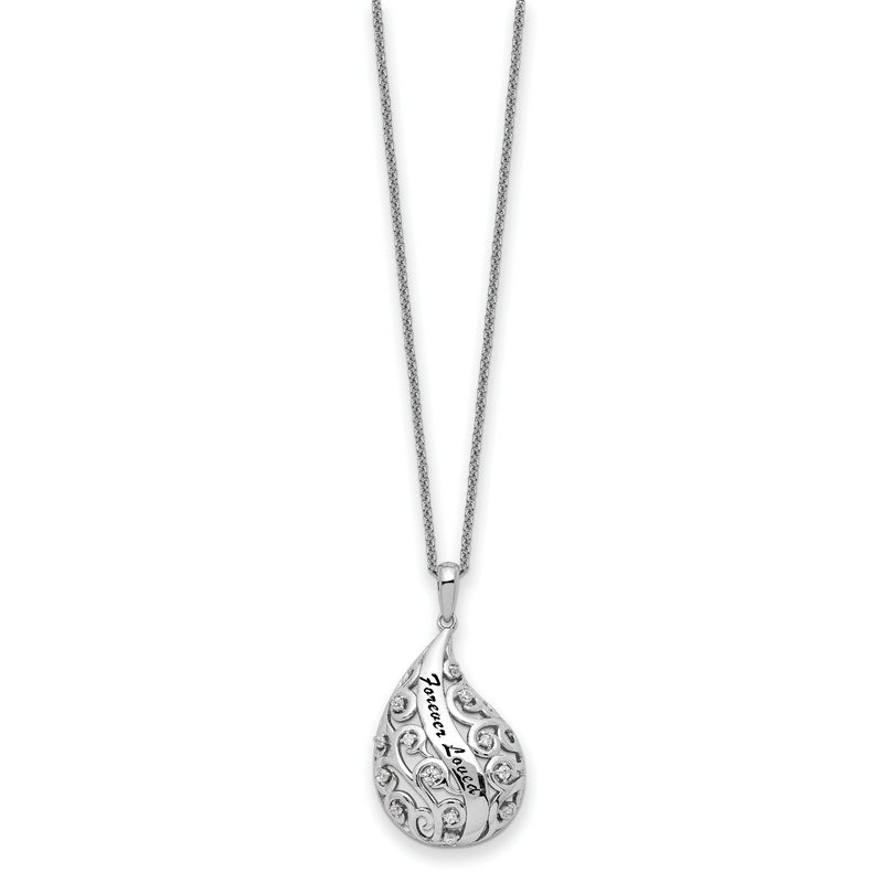 Sterling Silver RH-plated Antiqued CZ Loved Forever Missed 18in Necklace