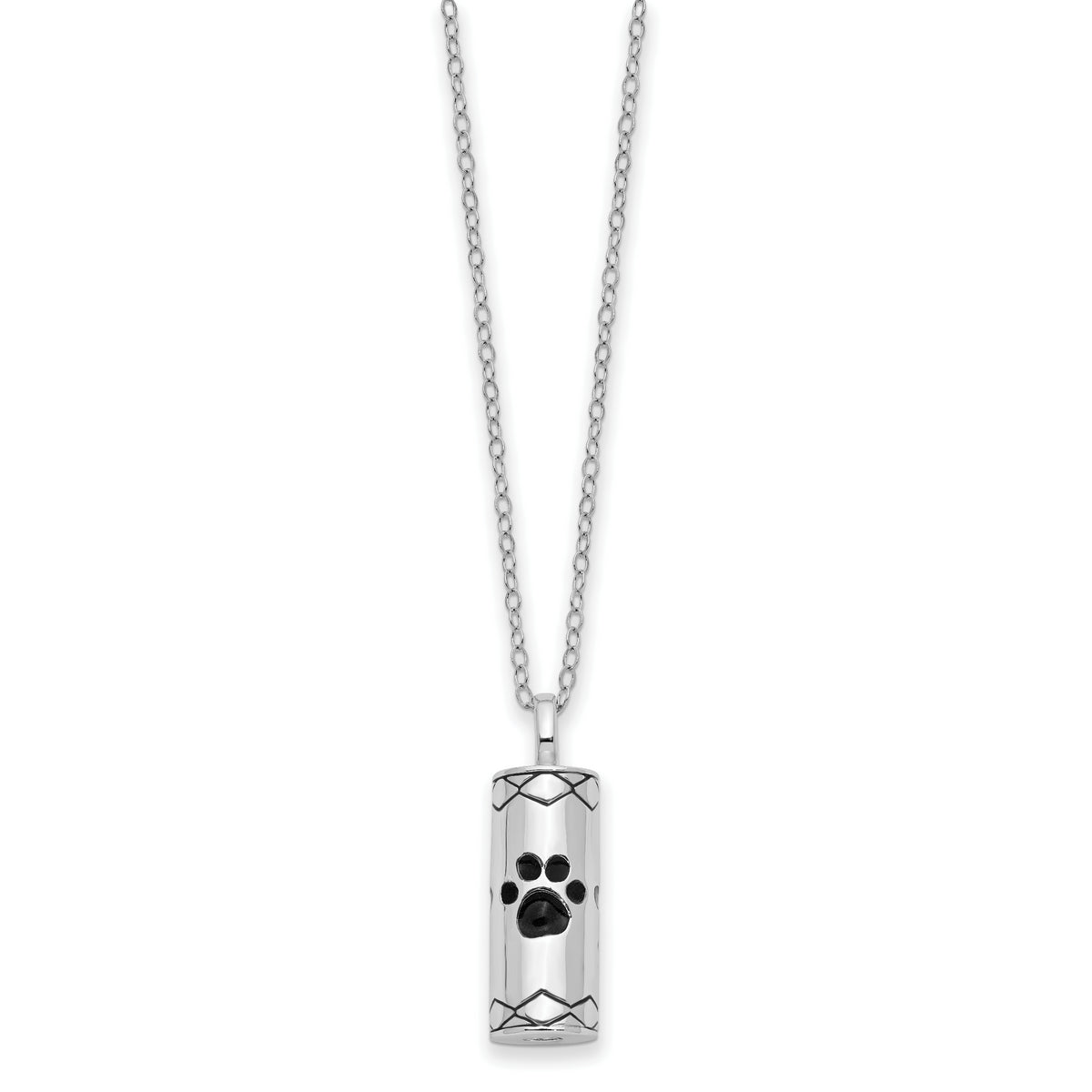 Sterling Silver Rhodium Antiqued Paws Cylinder Ash Holder 18in Necklace