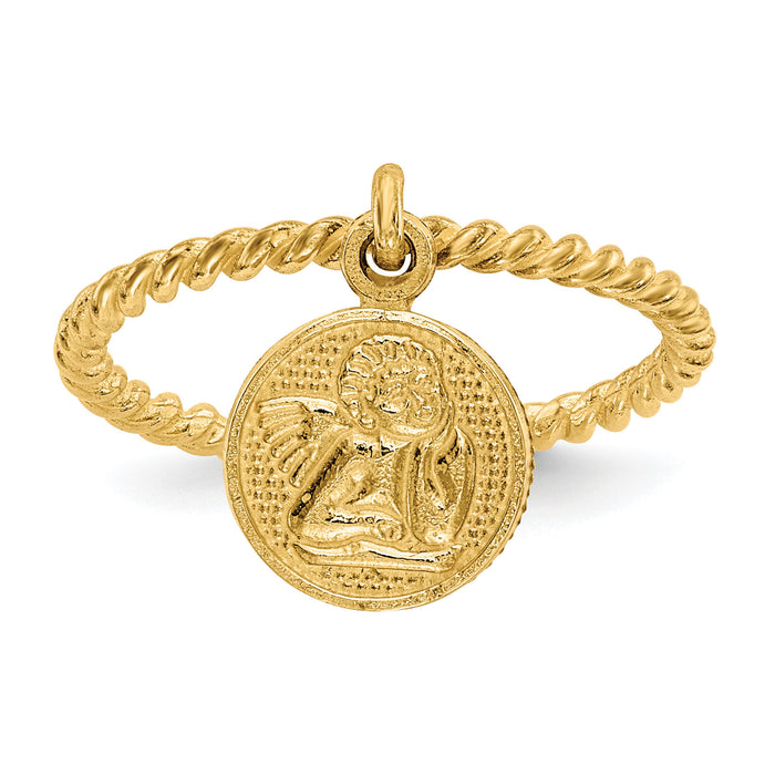 14k Polished Angel Dangle Charm Child's Ring-R121