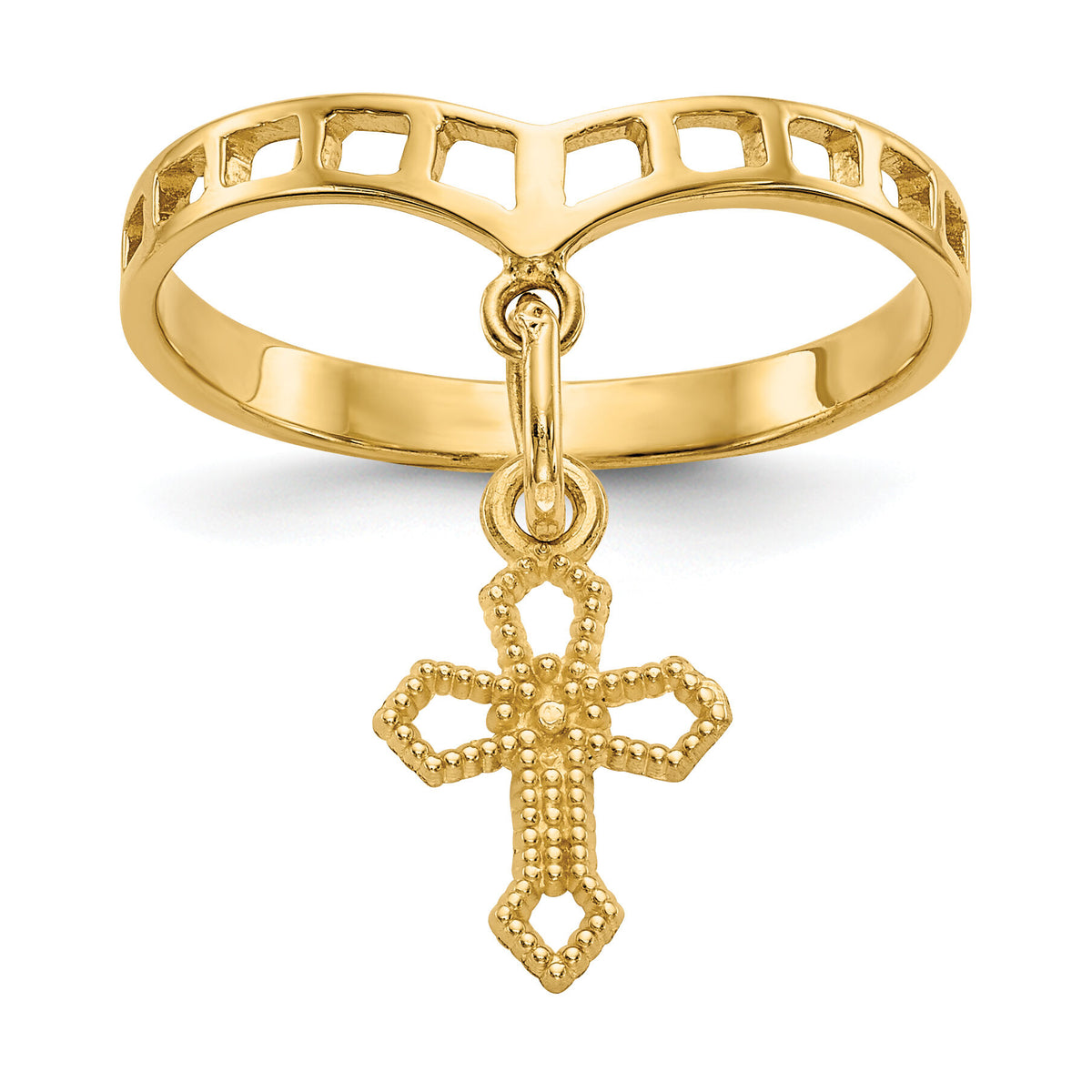 14k Polished Cross Dangle Charm Ring-R133