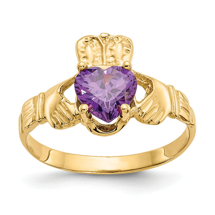 14k February CZ Birthstone Claddagh Ring-R488