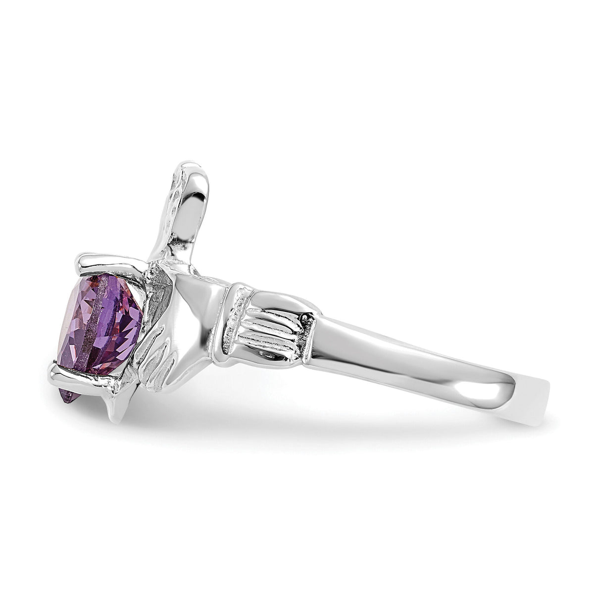 14k White Gold February CZ Birthstone Claddagh Ring-R500
