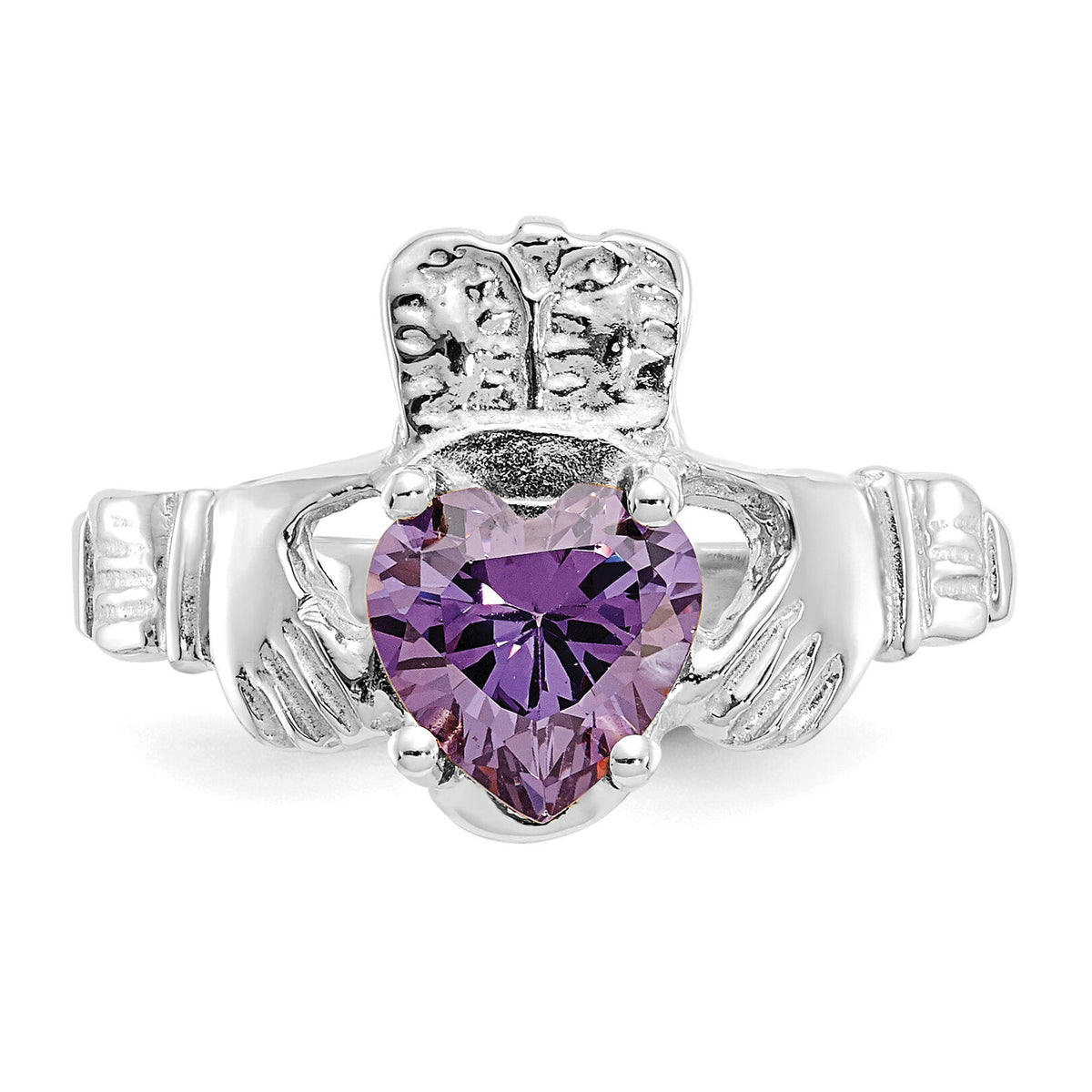 14k White Gold February CZ Birthstone Claddagh Ring-R500