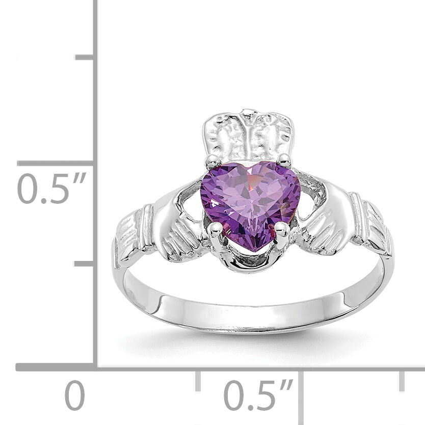 14k White Gold February CZ Birthstone Claddagh Ring-R500