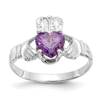 14k White Gold February CZ Birthstone Claddagh Ring-R500