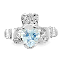 14k White Gold March CZ Birthstone Claddagh Ring-R501