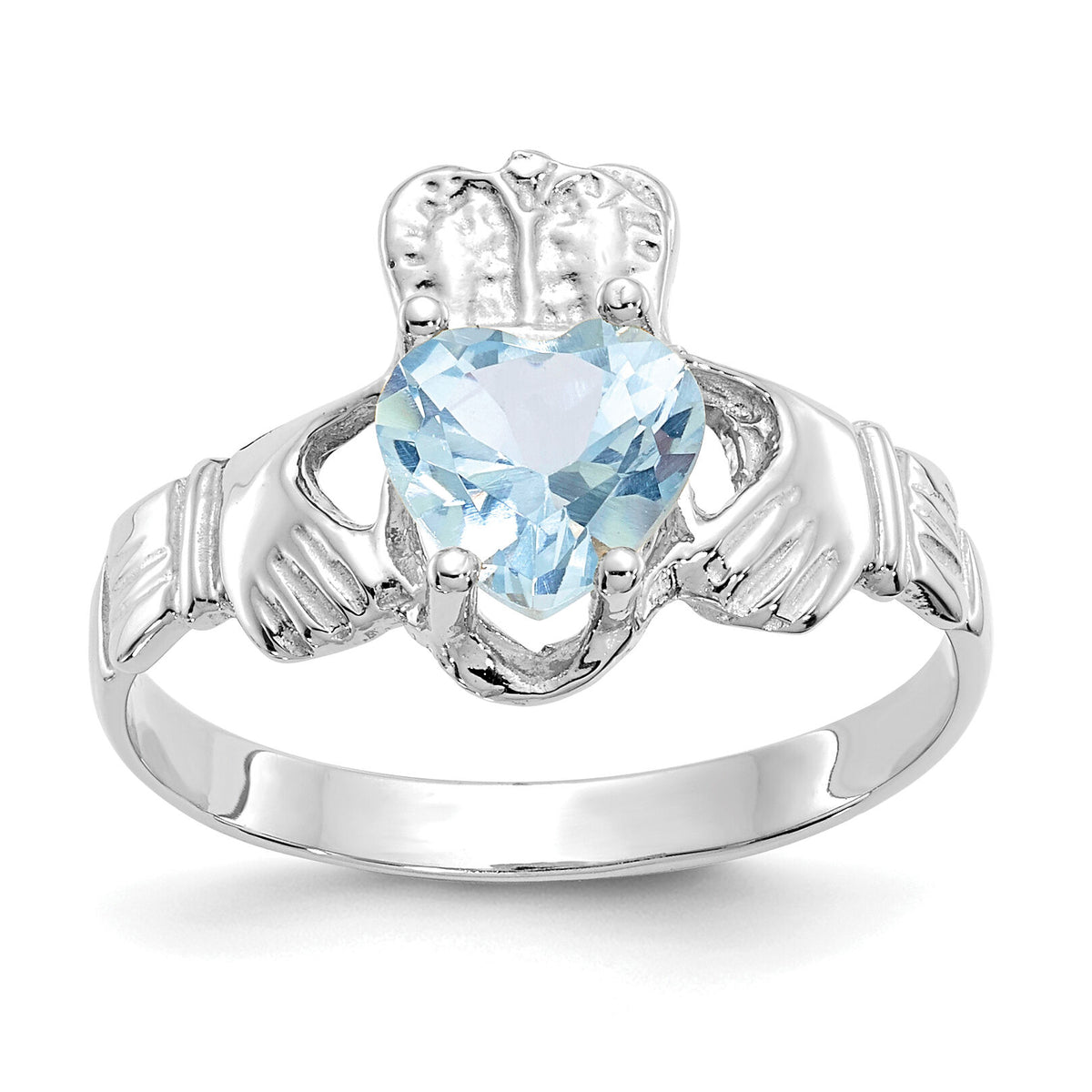 14k White Gold March CZ Birthstone Claddagh Ring-R501