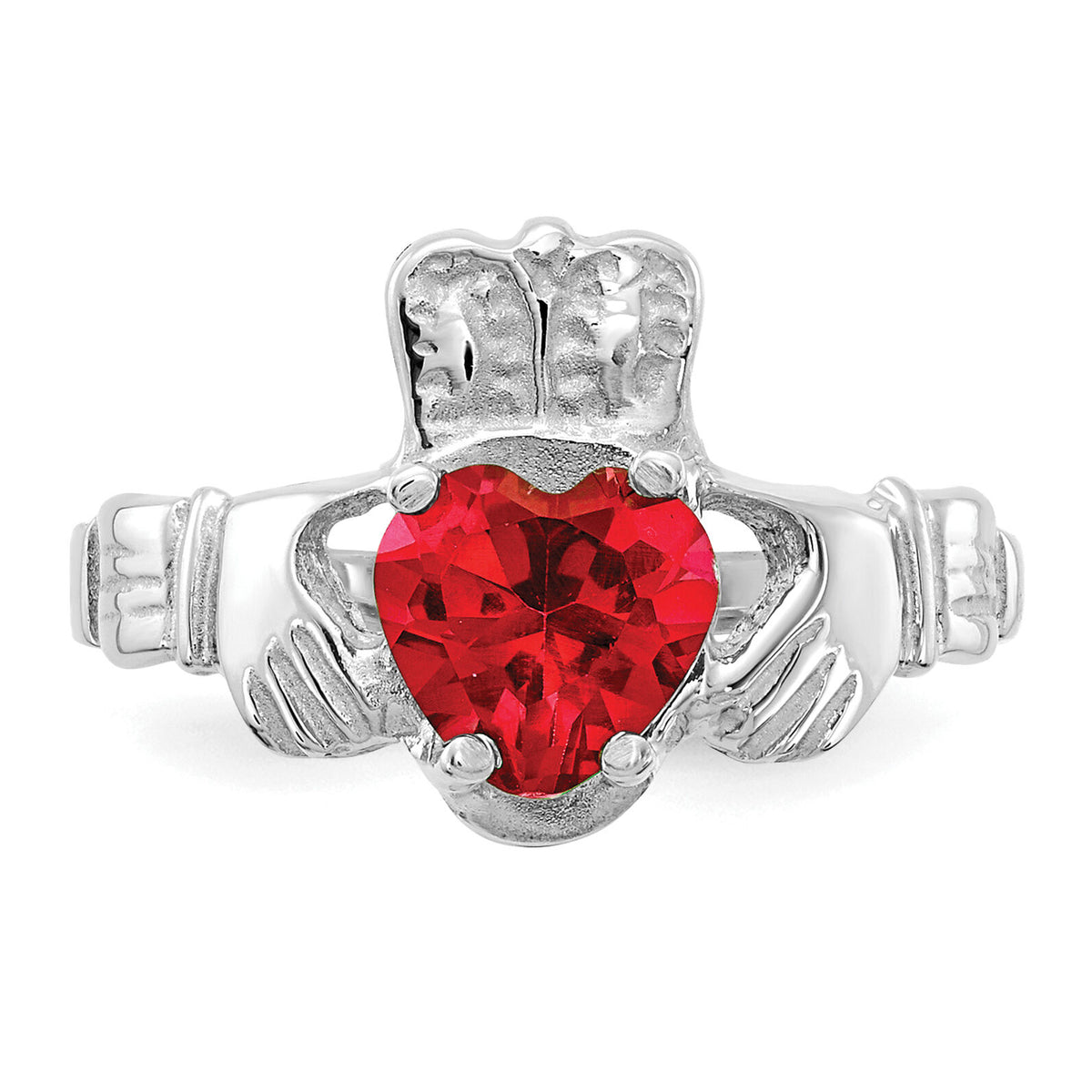 14k White Gold July CZ Birthstone Claddagh Ring-R505