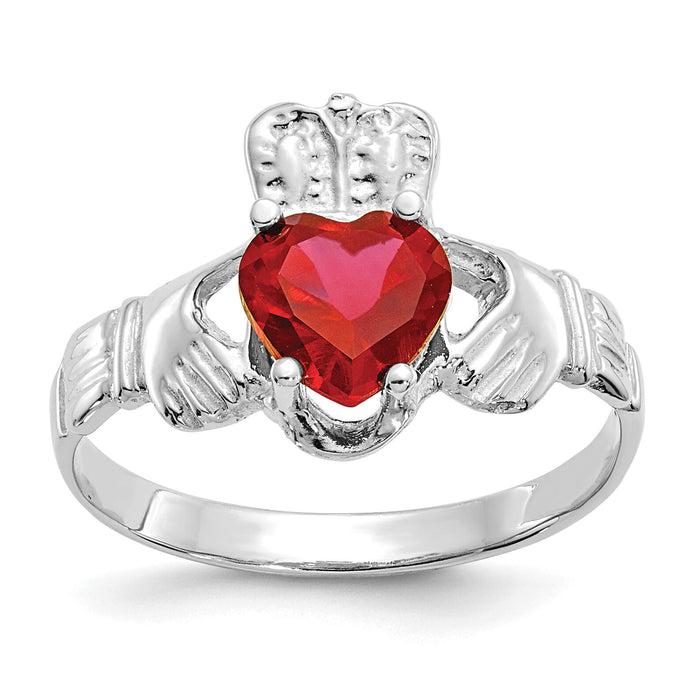 14k White Gold July CZ Birthstone Claddagh Ring-R505