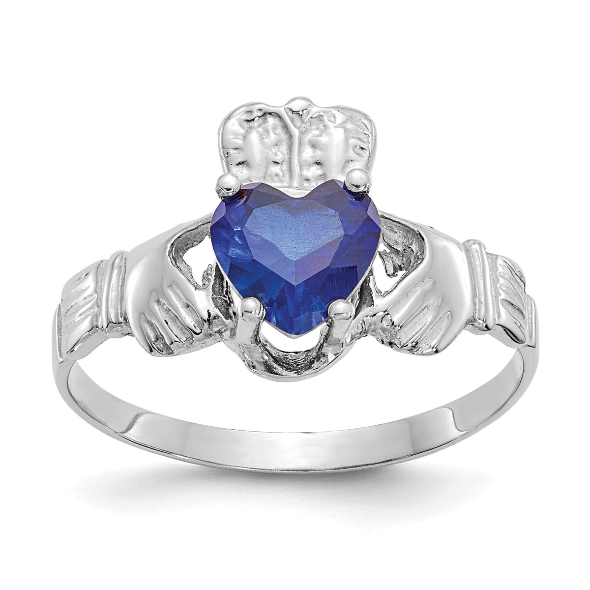 14k White Gold September CZ Birthstone Claddagh Ring-R507