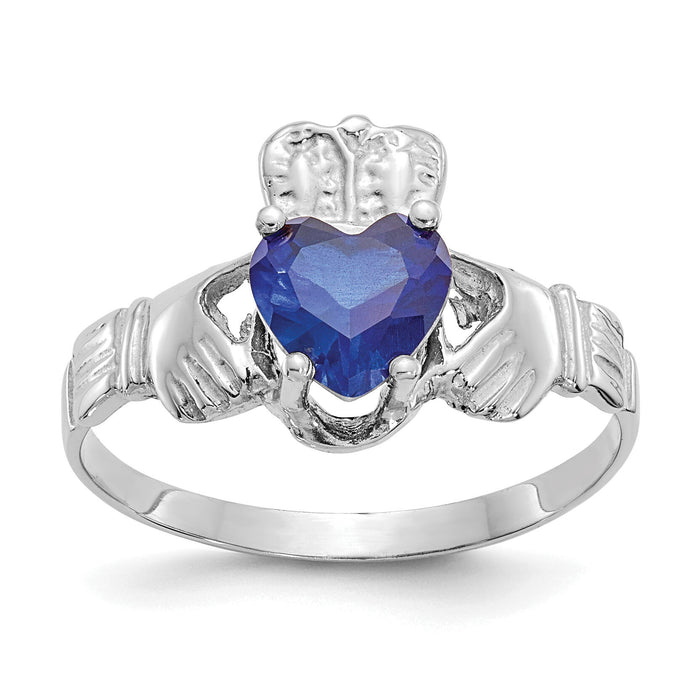 14k White Gold September CZ Birthstone Claddagh Ring-R507