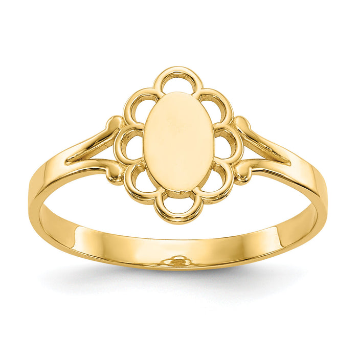 14K Filigree Oval Polished Center Baby Signet Ring-R519