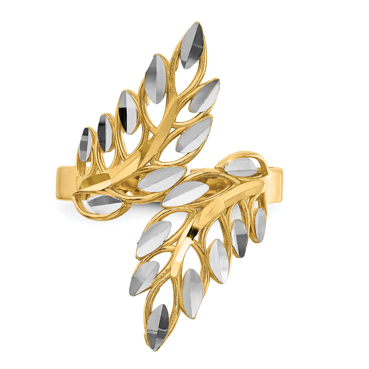 14k w/ White Rhodium Diamond-cut Leaves Ring-R574