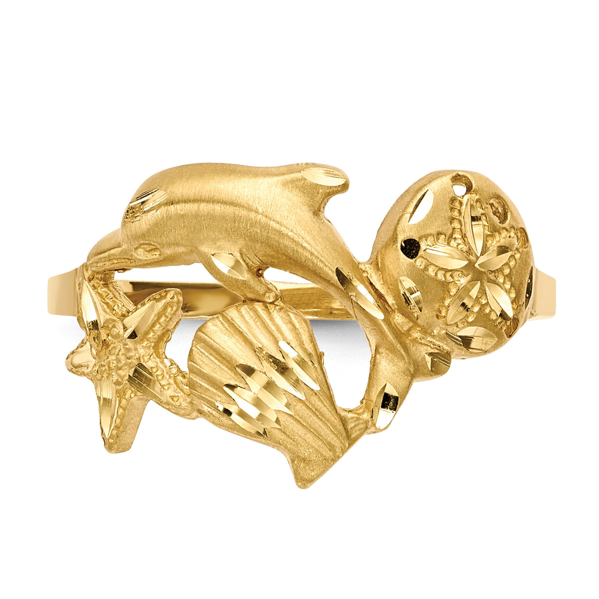 14k Polished and Satin Diamond-cut Dolphin Starfish Shell Sand Dollar Ring-R597