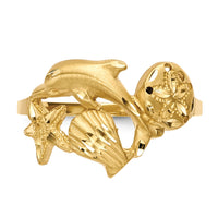14k Polished and Satin Diamond-cut Dolphin Starfish Shell Sand Dollar Ring-R597