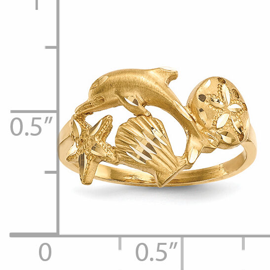 14k Polished and Satin Diamond-cut Dolphin Starfish Shell Sand Dollar Ring-R597