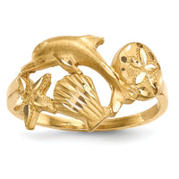 14k Polished and Satin Diamond-cut Dolphin Starfish Shell Sand Dollar Ring-R597