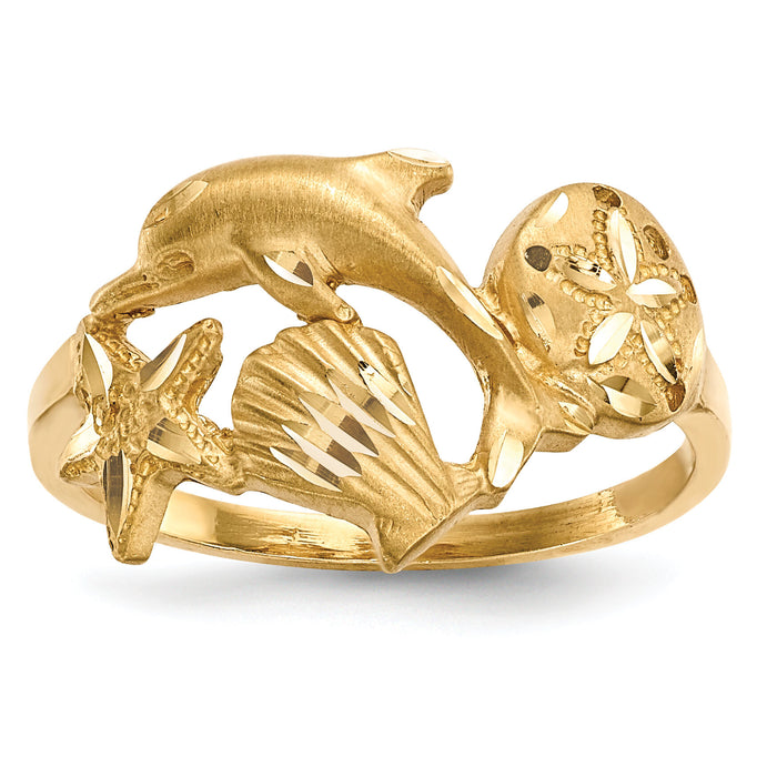 14k Polished and Satin Diamond-cut Dolphin Starfish Shell Sand Dollar Ring-R597