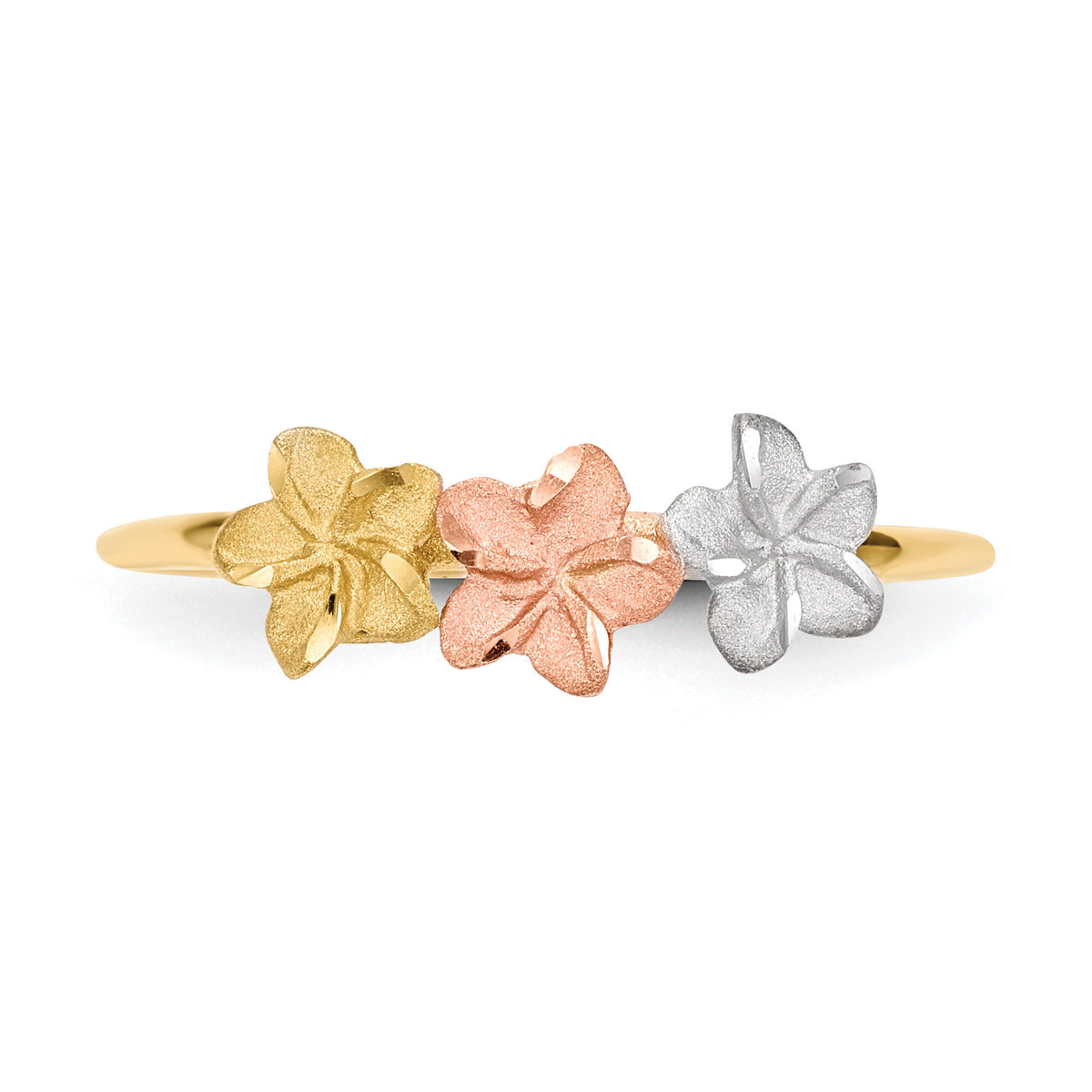 14k Two-tone w/White Rhodium Polished and Satin 3 Flower Ring-R631